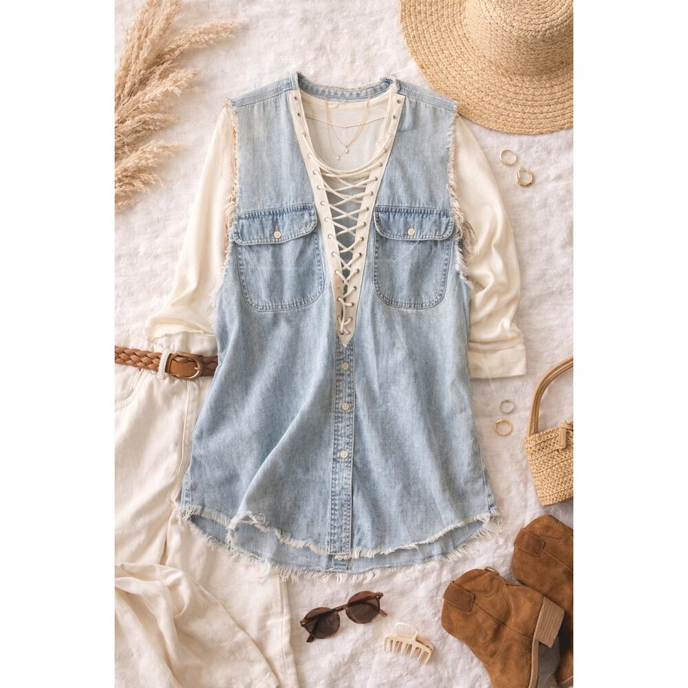 Furst of a Kind Lace Up Denim Chambray Repurposed Sleeveless Top/Tunic One Size